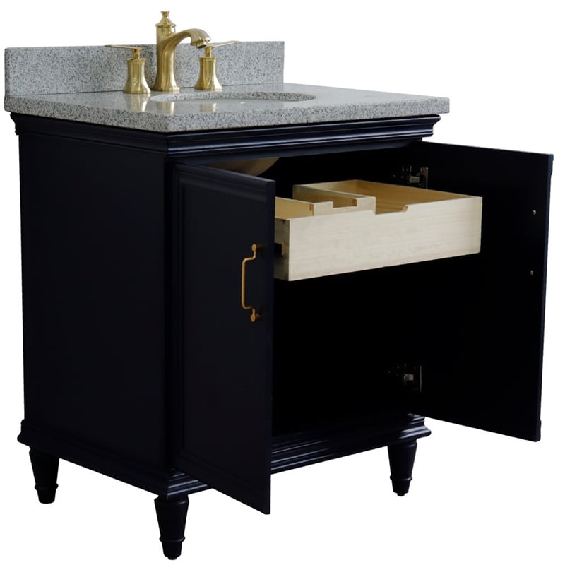 31 in. Single Wooden Vanity  Blue with Gray Granite Oval Sink