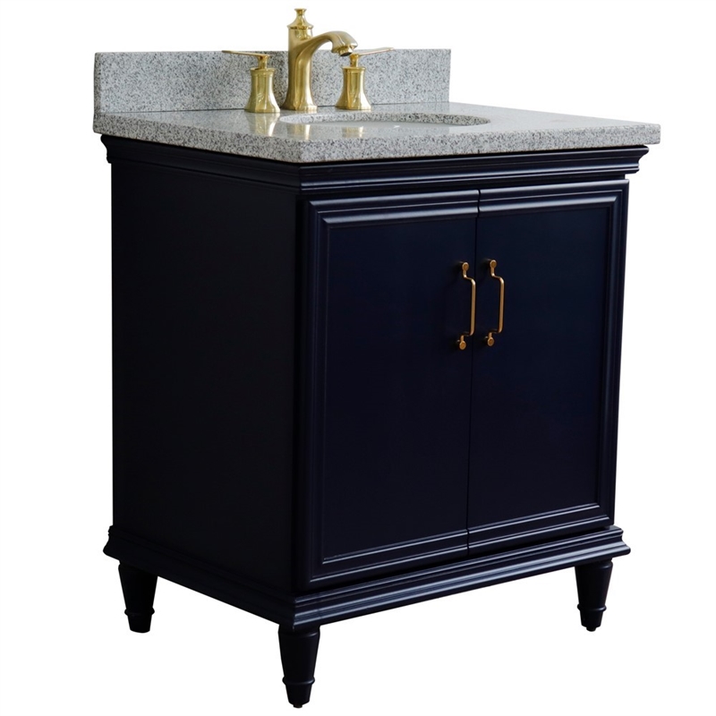 31 in. Single Wooden Vanity  Blue with Gray Granite Oval Sink