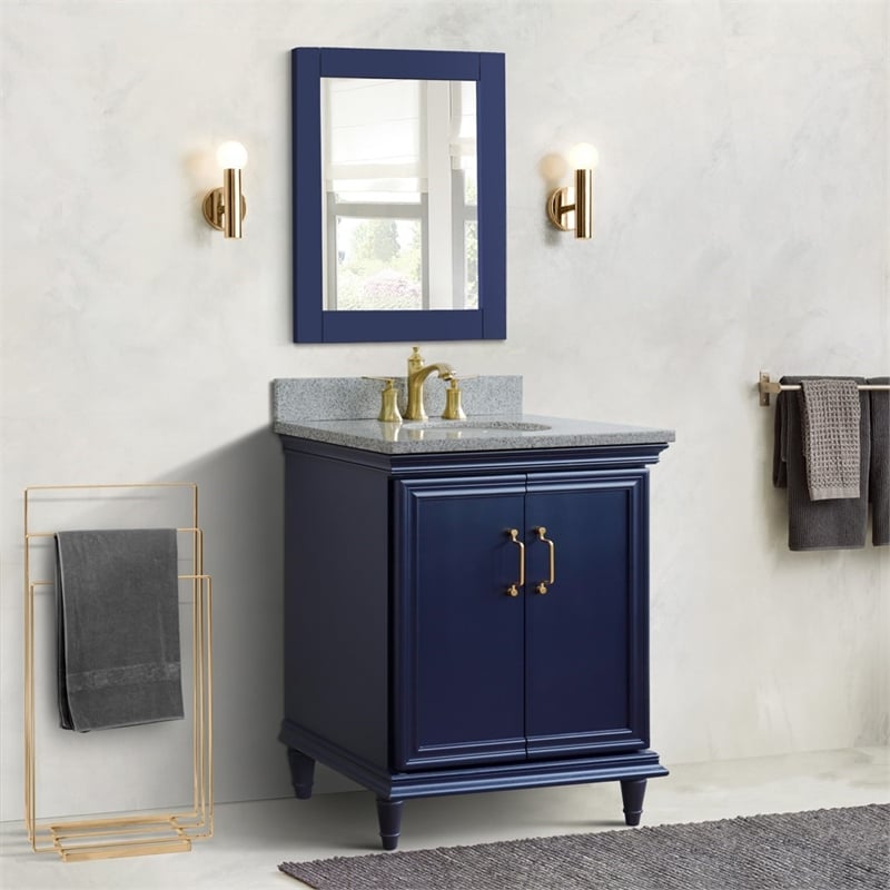 31 in. Single Wooden Vanity  Blue with Gray Granite Oval Sink