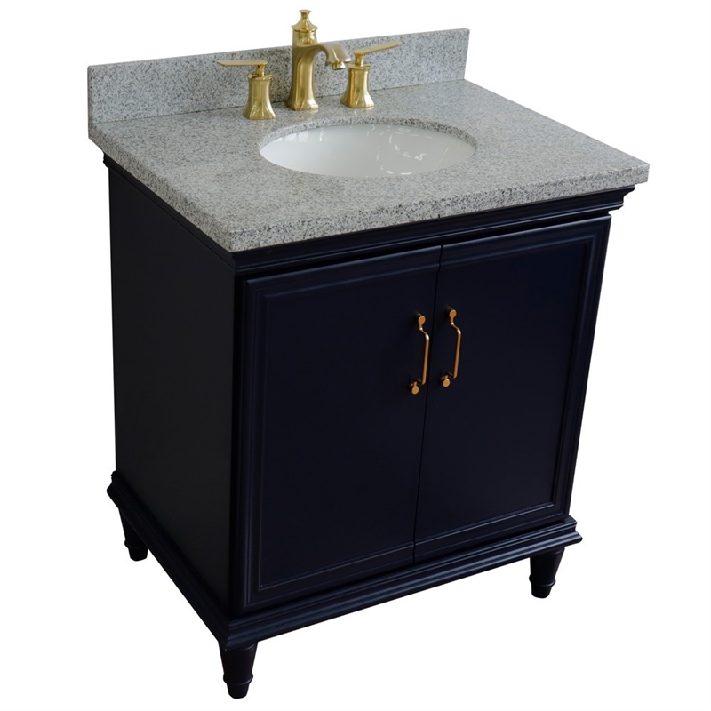 31 in. Single Wooden Vanity  Blue with Gray Granite Oval Sink