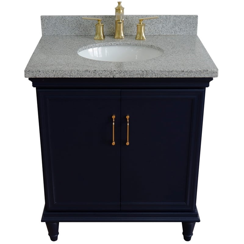 31 in. Single Wooden Vanity  Blue with Gray Granite Oval Sink