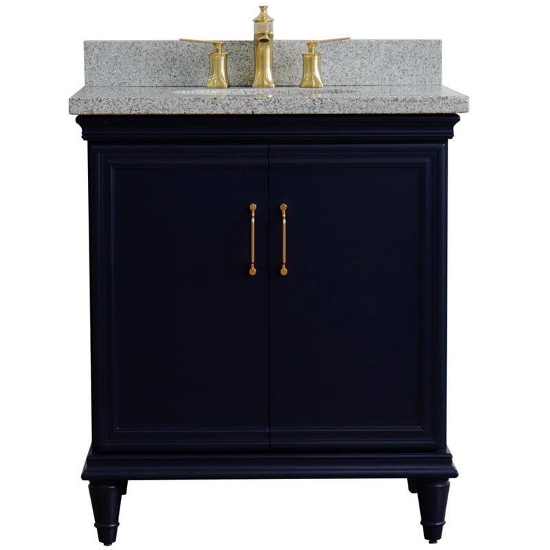 31 in. Single Wooden Vanity  Blue with Gray Granite Oval Sink