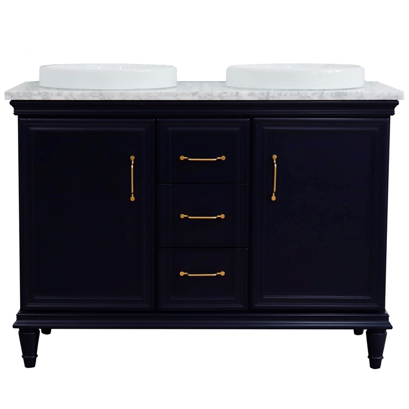 49 in. Double Wooden Vanity Blue with White Carrara Round Sink