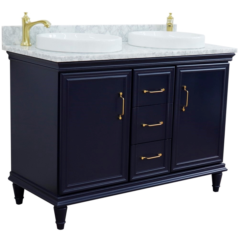 49 in. Double Wooden Vanity Blue with White Carrara Round Sink