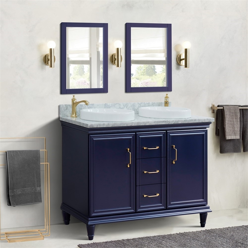 49 in. Double Wooden Vanity Blue with White Carrara Round Sink