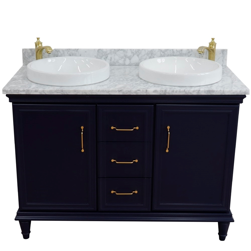 49 in. Double Wooden Vanity Blue with White Carrara Round Sink