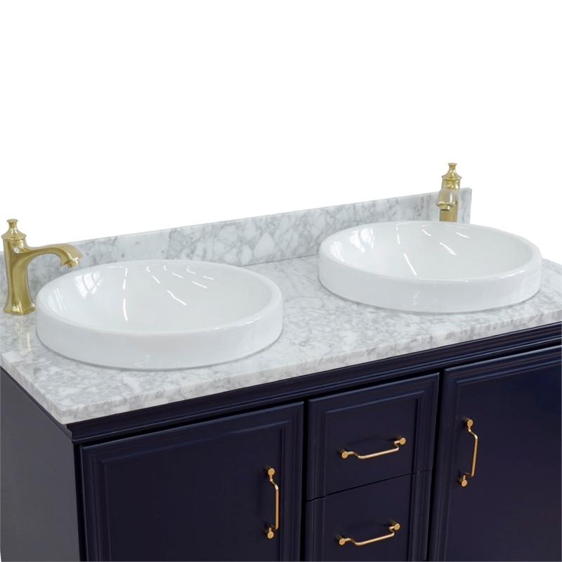 49 in. Double Wooden Vanity Blue with White Carrara Round Sink