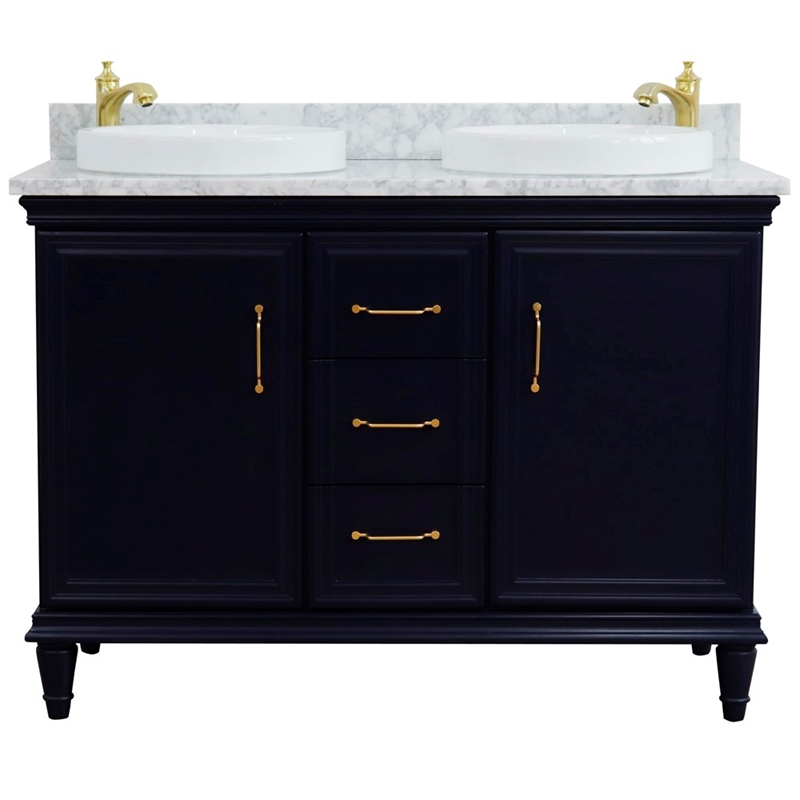 49 in. Double Wooden Vanity Blue with White Carrara Round Sink