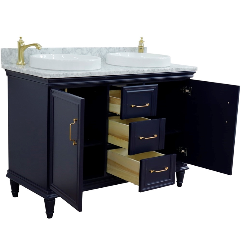 49 in. Double Wooden Vanity Blue with White Carrara Round Sink