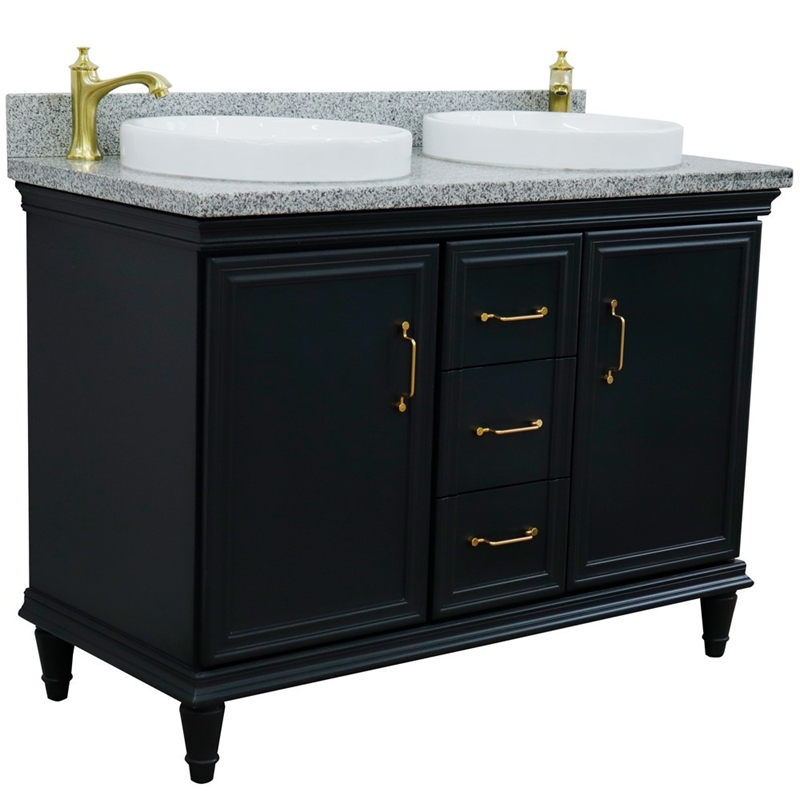 49 in. Double Wooden Vanity Dark Gray with Gray Granite Rectangle Sink