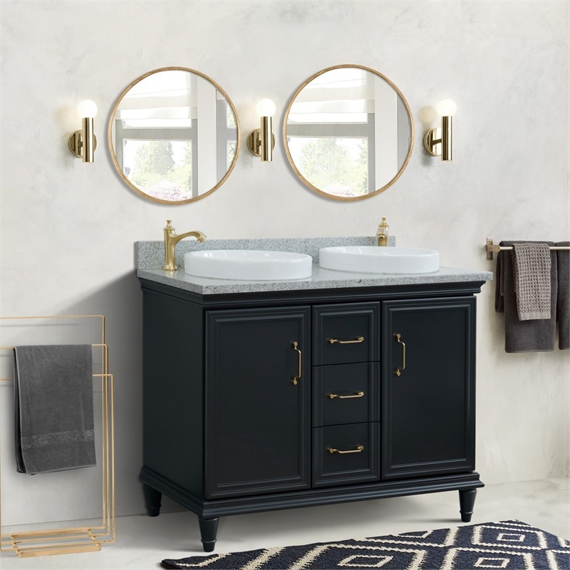 49 in. Double Wooden Vanity Dark Gray with Gray Granite Rectangle Sink