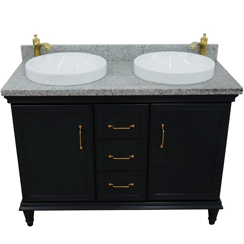 49 in. Double Wooden Vanity Dark Gray with Gray Granite Rectangle Sink