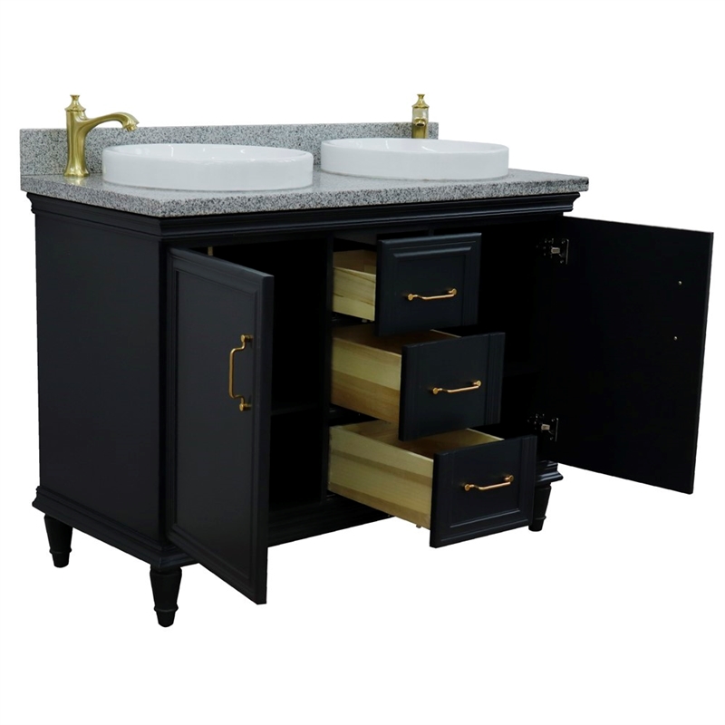 49 in. Double Wooden Vanity Dark Gray with Gray Granite Rectangle Sink