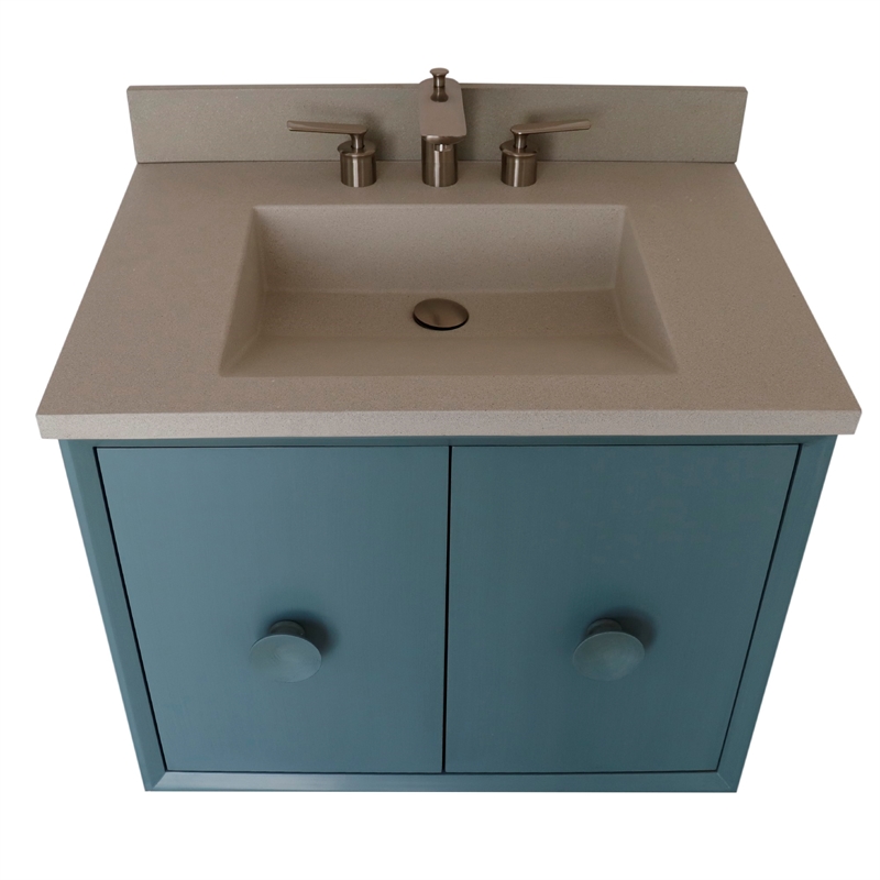 31 in. Single Wooden Vanity  Aqua Blue with White Concrete Top Rectangle Sink
