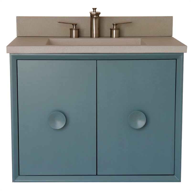 31 in. Single Wooden Vanity  Aqua Blue with White Concrete Top Rectangle Sink