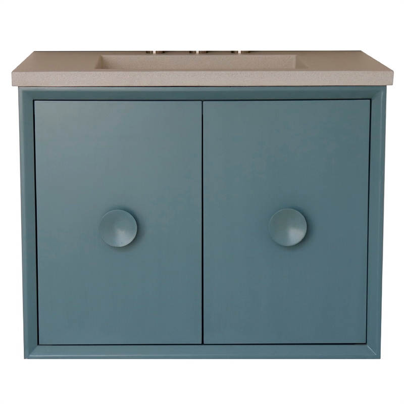 31 in. Single Wooden Vanity  Aqua Blue with White Concrete Top Rectangle Sink