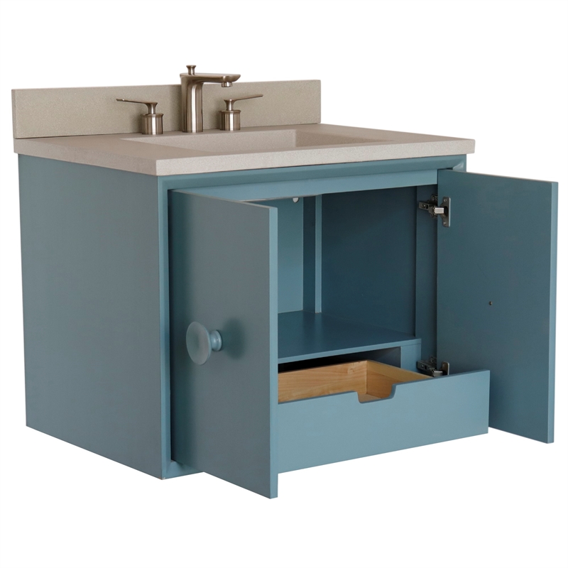 31 in. Single Wooden Vanity  Aqua Blue with White Concrete Top Rectangle Sink