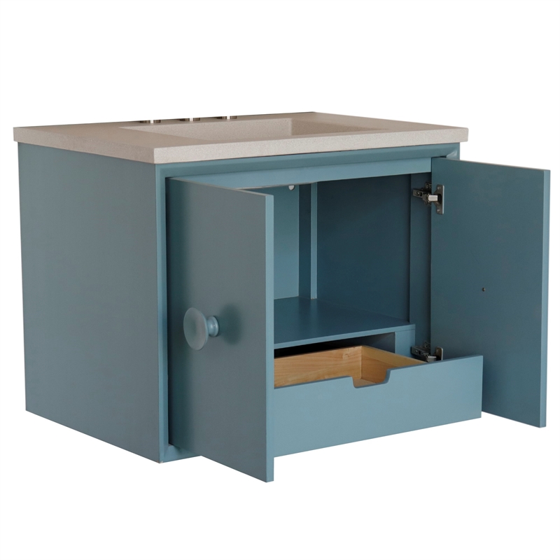 31 in. Single Wooden Vanity  Aqua Blue with White Concrete Top Rectangle Sink