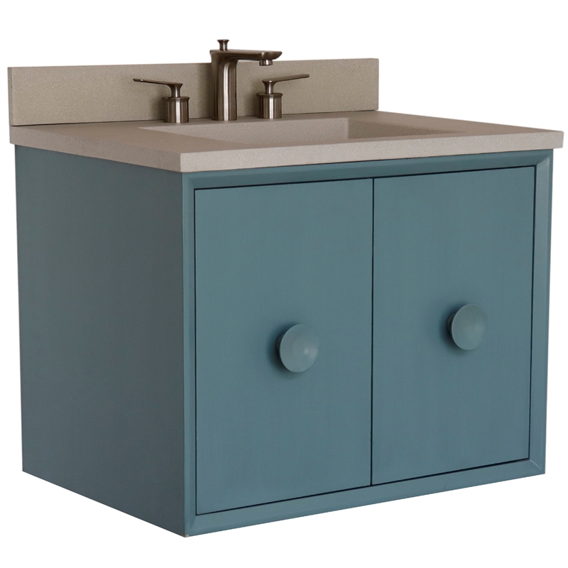 31 in. Single Wooden Vanity  Aqua Blue with White Concrete Top Rectangle Sink