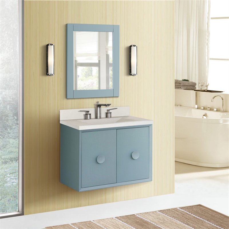 31 in. Single Wooden Vanity  Aqua Blue with White Concrete Top Rectangle Sink