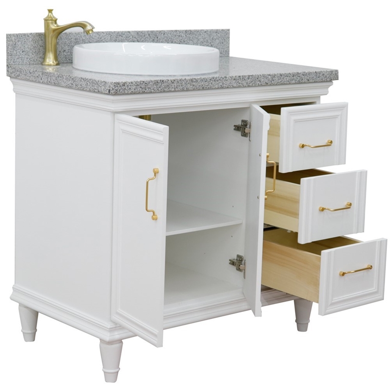 37 in. Single Wooden Vanity  White Gray Granite Round Left Door.Left Sink
