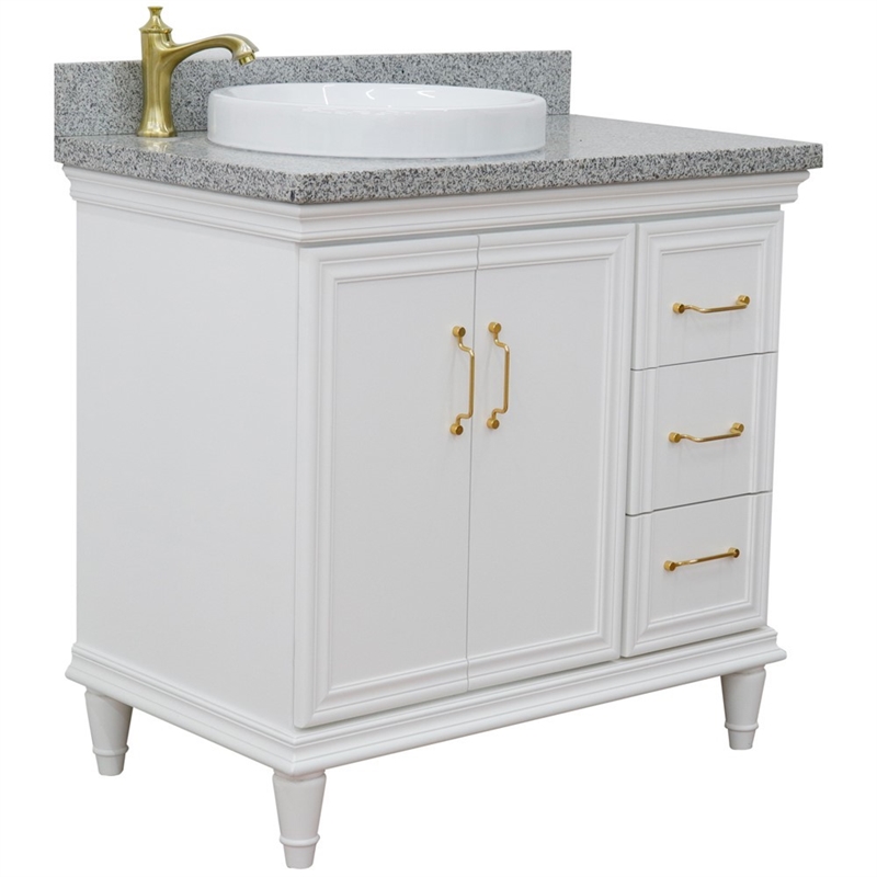 37 in. Single Wooden Vanity  White Gray Granite Round Left Door.Left Sink