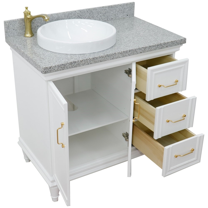 37 in. Single Wooden Vanity  White Gray Granite Round Left Door.Left Sink