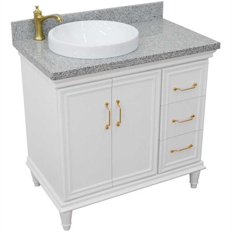 37 in. Single Wooden Vanity  White Gray Granite Round Left Door.Left Sink