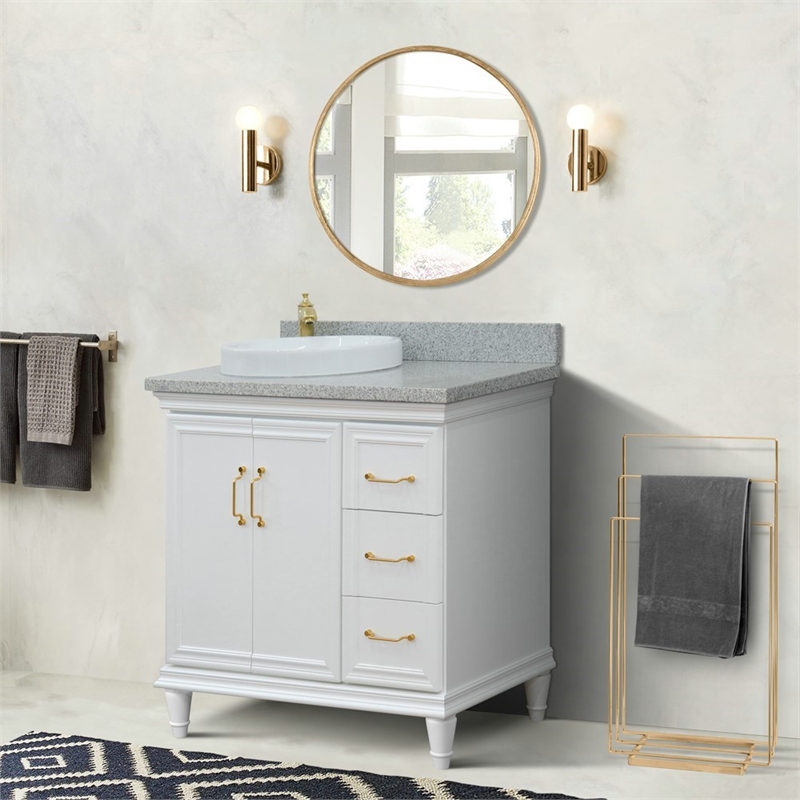 37 in. Single Wooden Vanity  White Gray Granite Round Left Door.Left Sink
