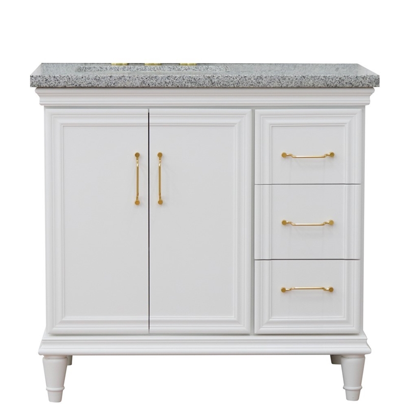 37 in. Single Wooden Vanity  White Gray Granite Rectangle Left Door.Left Sink
