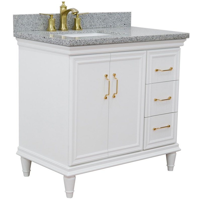 37 in. Single Wooden Vanity  White Gray Granite Rectangle Left Door.Left Sink