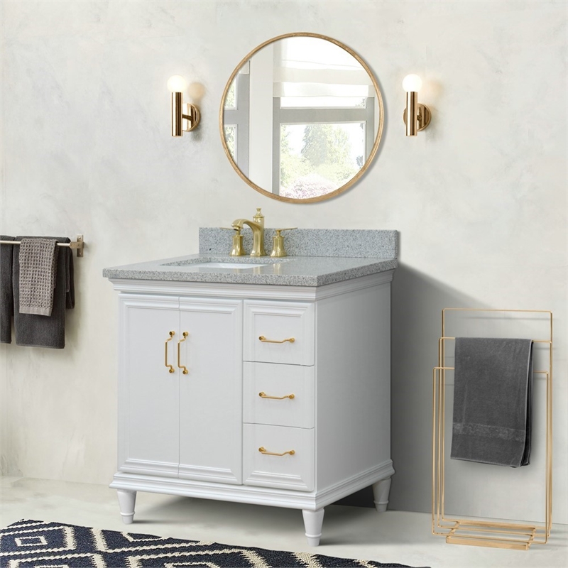 37 in. Single Wooden Vanity  White Gray Granite Rectangle Left Door.Left Sink