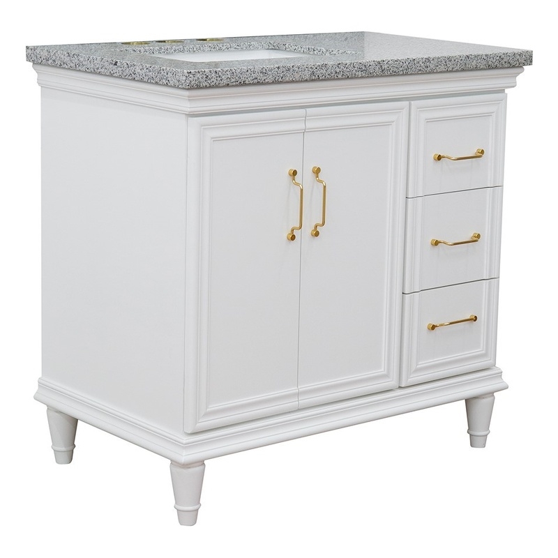 37 in. Single Wooden Vanity  White Gray Granite Rectangle Left Door.Left Sink