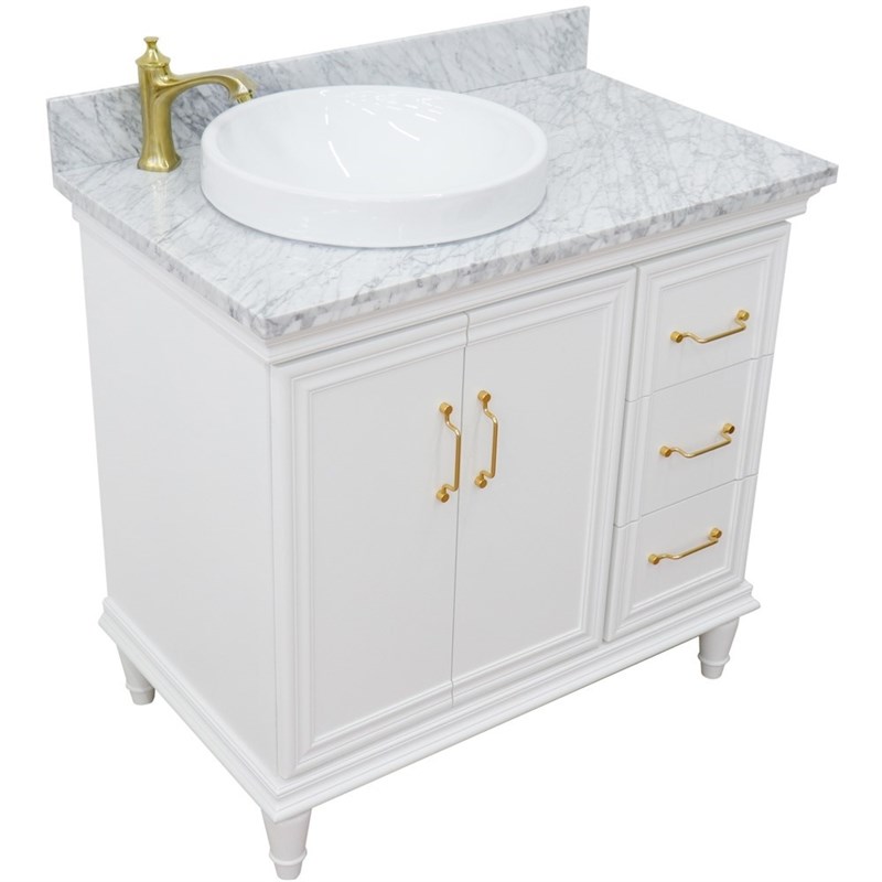 37 in. Single Wooden Vanity  White White Carrara Round Left Door.Left Sink