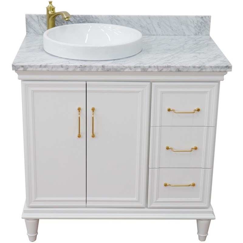37 in. Single Wooden Vanity  White White Carrara Round Left Door.Left Sink