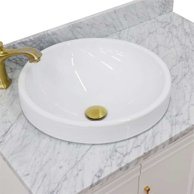 37 in. Single Wooden Vanity  White White Carrara Round Left Door.Left Sink