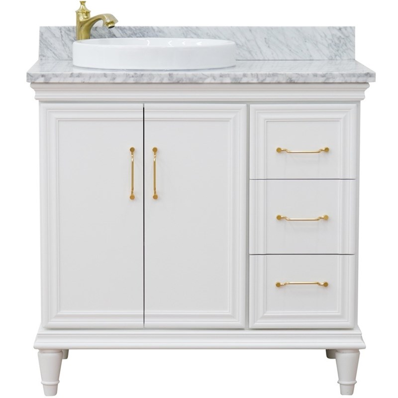 37 in. Single Wooden Vanity  White White Carrara Round Left Door.Left Sink