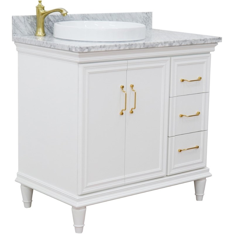 37 in. Single Wooden Vanity  White White Carrara Round Left Door.Left Sink