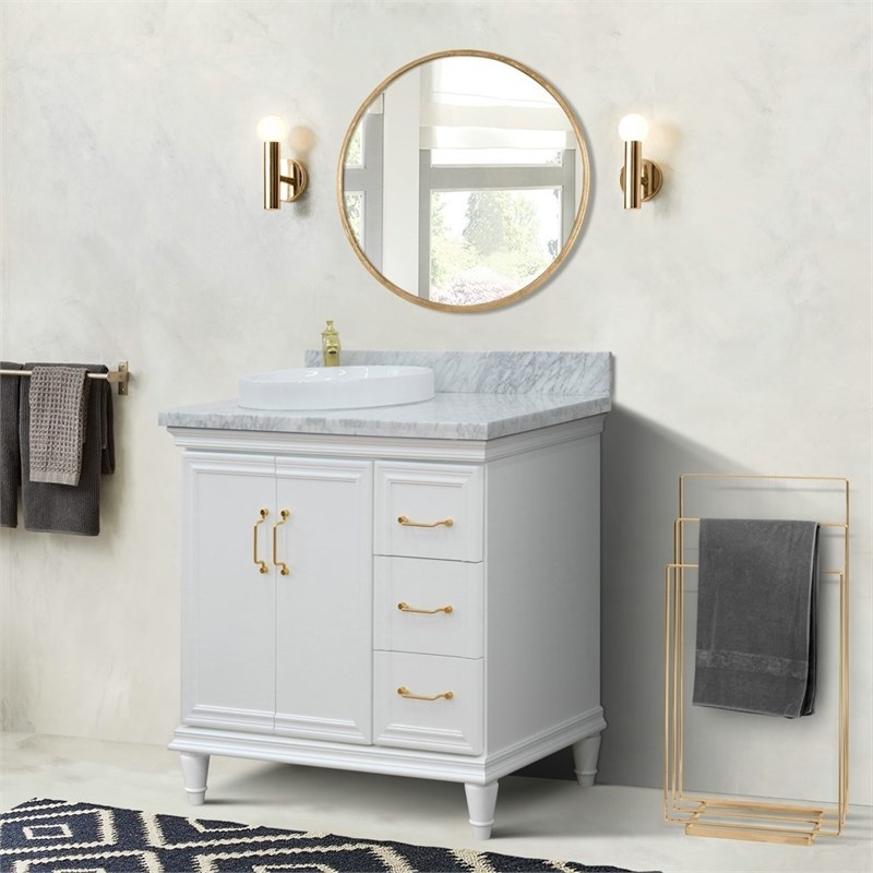 37 in. Single Wooden Vanity  White White Carrara Round Left Door.Left Sink