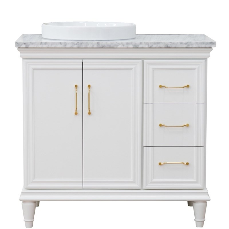 37 in. Single Wooden Vanity  White White Carrara Round Left Door.Left Sink