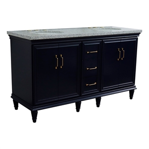 61 in. Double Wooden Vanity Blue Gray Granite Oval Sink