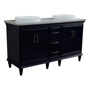 61 in. Double Wooden Vanity Blue Gray Granite Round Sink