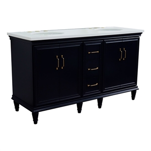 61 in. Double Wooden Vanity Blue White Quartz Oval Sink