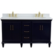 61 in. Double Wooden Vanity Blue White Quartz Oval Sink