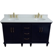 61 in. Double Wooden Vanity Blue White Quartz Oval Sink