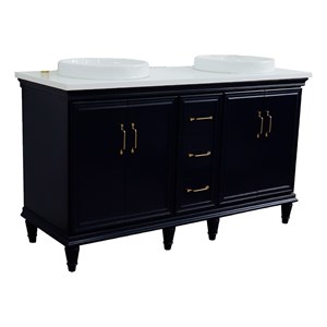 61 in. Double Wooden Vanity Blue White Quartz Round Sink