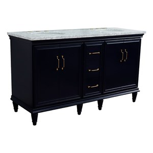 61 in. Double Wooden Vanity Blue White Carrara Marble Oval Sink