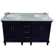 61 in. Double Wooden Vanity Blue White Carrara Marble Rectangle Sink