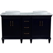 61 in. Double Wooden Vanity Blue White Carrara Marble Rectangle Sink
