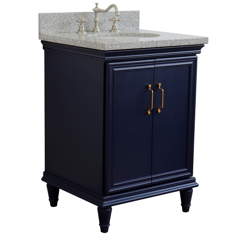25 in. Single Wooden Vanity  Blue with Gray Granite Oval Sink